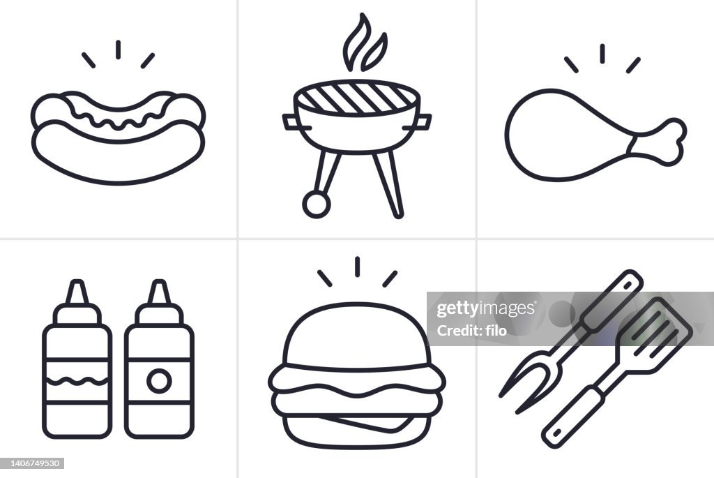 Grilling Food Cookout Line Icons and Symbols