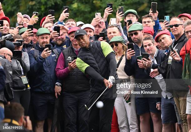 Tiger Woods of United States plays his second shot to the 9th hole during Day One of the JP McManus Pro-Am at Adare Manor on July 04, 2022 in...