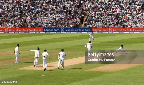 India bowler Ravindra Jadeja runs out England batsman Alex Lees during day four of the Fifth test match between England and India at Edgbaston on...