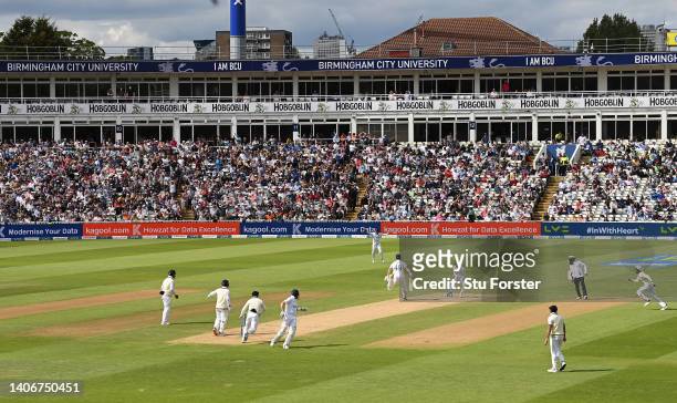India bowler Ravindra Jadeja runs out England batsman Alex Lees during day four of the Fifth test match between England and India at Edgbaston on...
