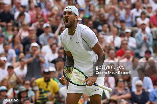 Nick Kyrgios of Australia celebrates a point against Brandon Nakashima of United States of America during their Men's Singles Fourth Round match on...
