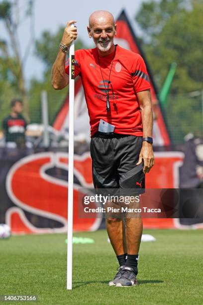 Head Coach of AC Milan Stefano Pioli looks during an AC Milan training session at Milanello on July 04, 2022 in Cairate, Italy.