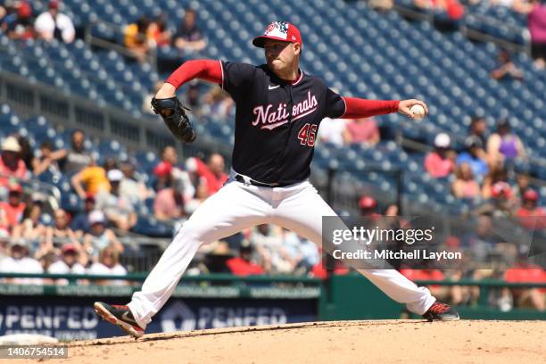 Patrick Corbin of the Washington Nationals pitches in the third inning during a baseball game against Miami Marlins at Nationals Park on July 4, 2022...