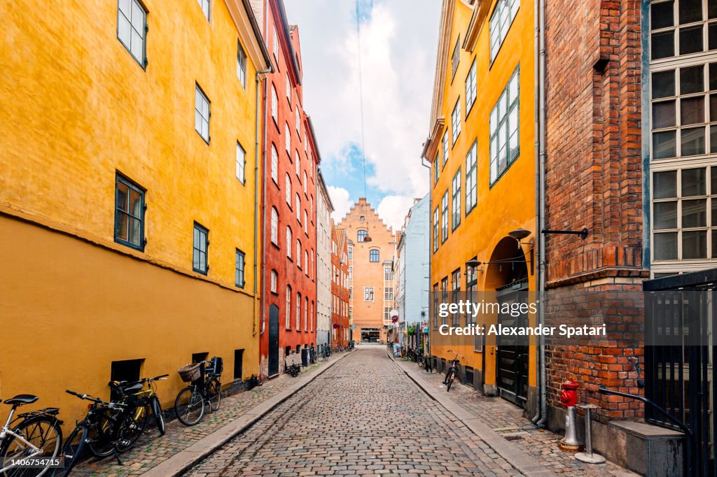 Magaestrade colorful street in Copenhagen old town, Denmark