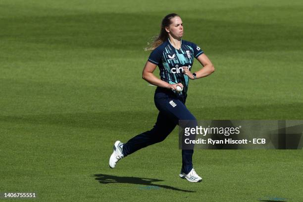 Freya Davies of England bowls during the T20 Tour Match between England Women A and South Africa Women at Sophia Gardens on July 04, 2022 in Cardiff,...