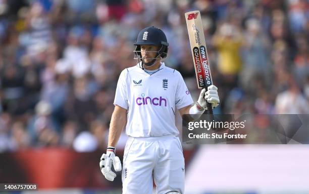 England batsman Joe Root reacheshis 50 during day four of the Fifth test match between England and India at Edgbaston on July 04, 2022 in Birmingham,...