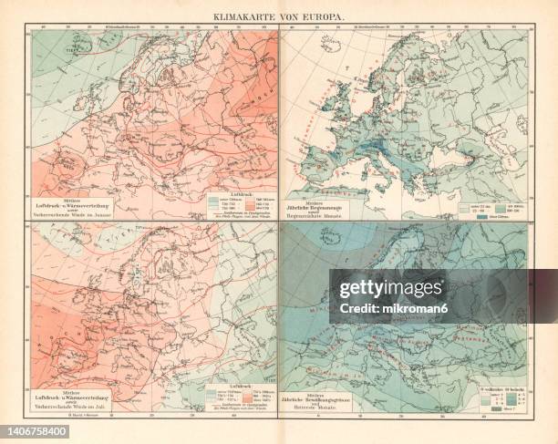 old chromolithograph map of climate map of europe - heat map stock pictures, royalty-free photos & images