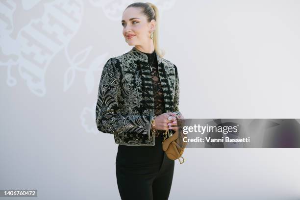 Chiara Ferragni poses wearing Dior before the Dior show at the Musee Rodin during Paris Fashion Week Haute Couture Fall Winter 2022 2023 on July 04,...