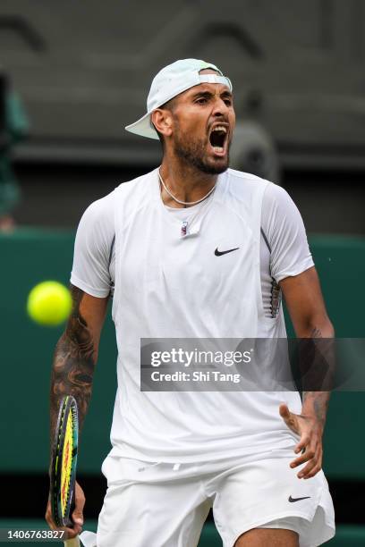 Nick Kyrgios of Australia reacts in the Men's Singles Fourth Round Match against Brandon Nakashima of The United States during day eight of The...