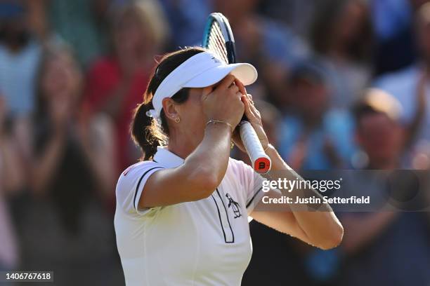 Ajla Tomljanovic of Australia celebrates victory against Alize Cornet of France during their Women's Singles Fourth Round match on day eight of The...