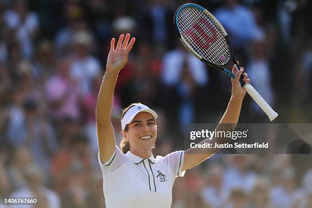 Ajla Tomljanovic of Australia celebrates victory against Alize Cornet of France during their Women's Singles Fourth Round match on day eight of The...