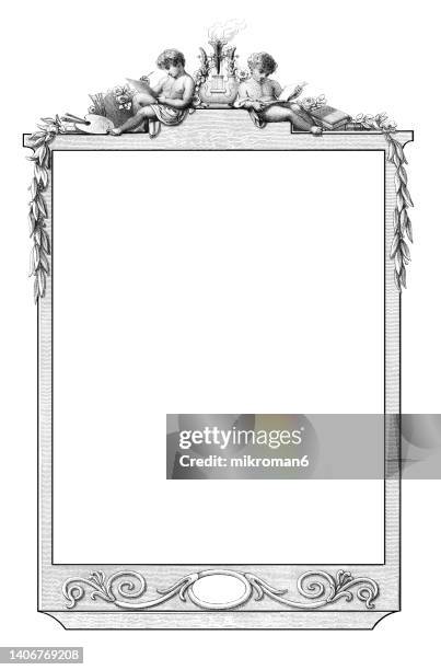 old engraved illustration of decorative ornament frame - illustrated frame stock pictures, royalty-free photos & images