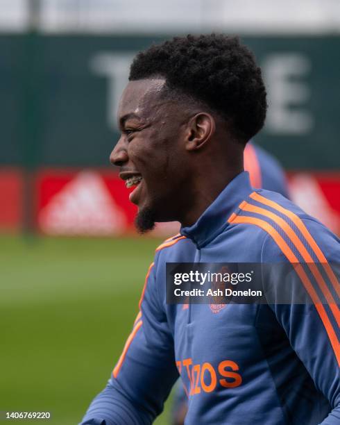 Anthony Elanga of Manchester United in action during a first team training session at Carrington Training Ground on July 04, 2022 in Manchester,...