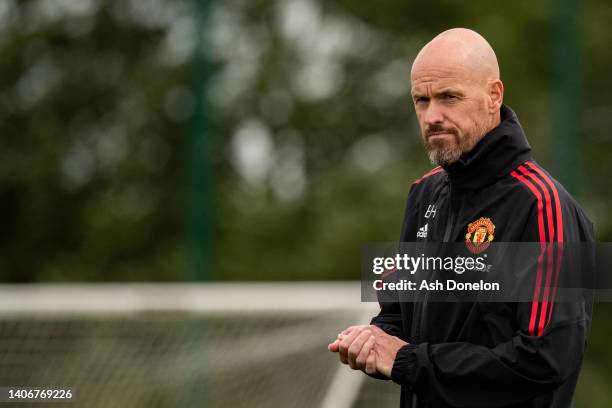 Manager Erik ten Hag of Manchester United in action during a first team training session at Carrington Training Ground on July 04, 2022 in...