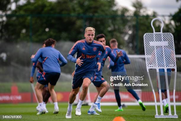 Donny van de Beek of Manchester United in action during a first team training session at Carrington Training Ground on July 04, 2022 in Manchester,...