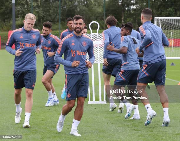 Bruno Fernandes of Manchester United in action during a first team training session at Carrington Training Ground on July 04, 2022 in Manchester,...