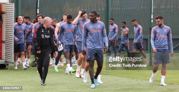 Coach Steve McClaren, Axel Tuanzebe, Bruno Fernandes of Manchester United in action during a first team training session at Carrington Training...