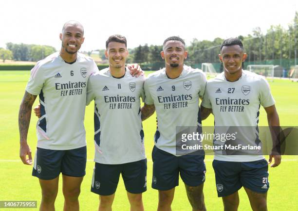 Gabriel, Gabriel Martinelli, Gabriel Jesus and Marquinhos of Arsenal during a training session at London Colney on July 04, 2022 in St Albans,...
