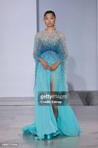 Model walks the runway during the Georges Hobeika Haute Couture Fall Winter 2022 2023 show as part of Paris Fashion Week on July 4, 2022 in Paris,...