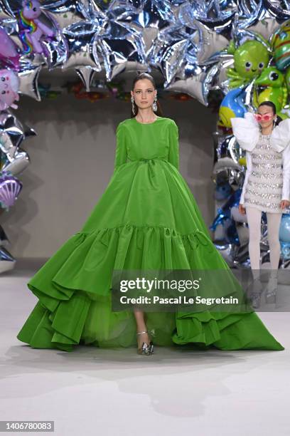 Model walks the runway during the Giambattista Valli Haute Couture Fall Winter 2022 2023 show as part of Paris Fashion Week on July 04, 2022 in...