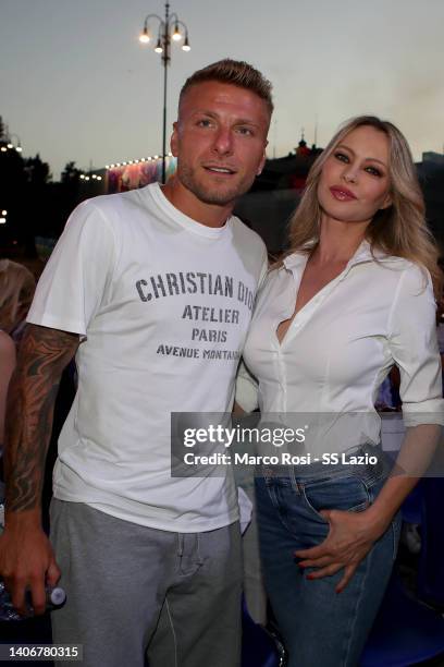 Ciro Immobile of SS Lazio and Anna Falchi at the new kit unveiling at the Popolo square on July 04, 2022 in Rome, Italy.