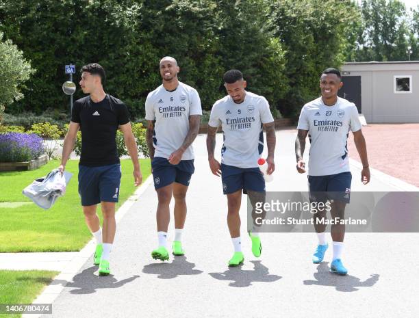 Gabriel Martinelli, Gabriel, Gabriel Jesus and Marquinhos of Arsenal after a training session at London Colney on July 04, 2022 in St Albans, England.