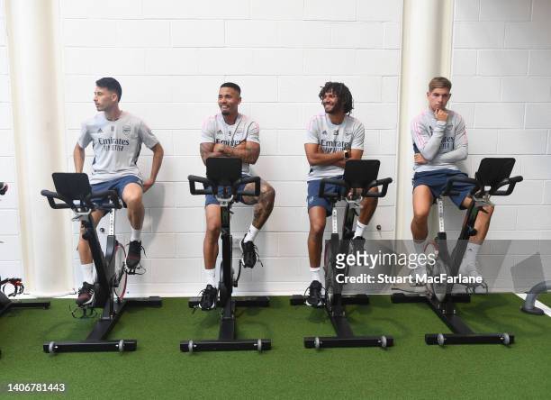 Gabriel Martinelli, Gabriel Jesus, Mo Eleny and Emile Smith Rowe of Arsenal during a training session at London Colney on July 04, 2022 in St Albans,...