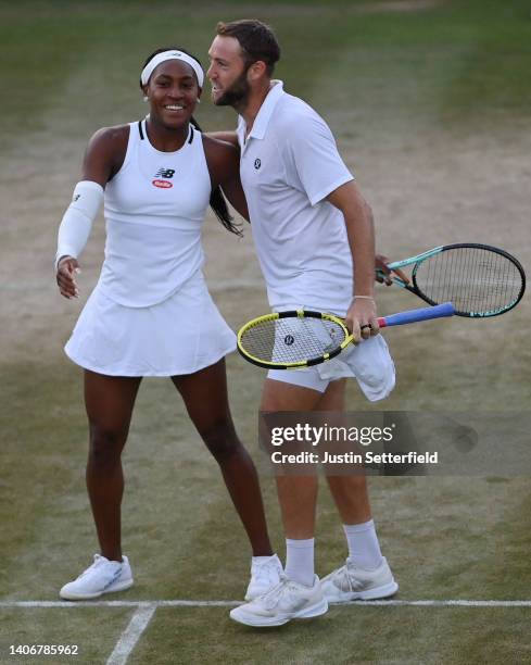 Jack Sock of The United States and partner Coco Gauff of The United States celebrates after winning match point against Edouard Roger-Vasselin of...