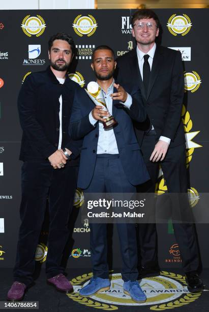 Allan Mustafa, Daniel Sylvester Woolford and Steve Stamp with the award for Best Comedy for "People Just Do Nothing: Big in Japan" during the...