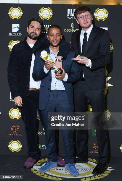 Allan Mustafa, Daniel Sylvester Woolford and Steve Stamp with the award for Best Comedy for "People Just Do Nothing: Big in Japan" during the...