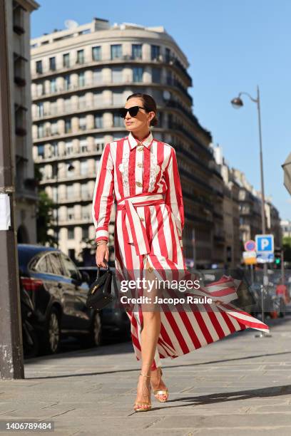 Nieves Alvarez is seen wearing total look Schiaparelli during Paris Fashion Week on July 04, 2022 in Paris, France.