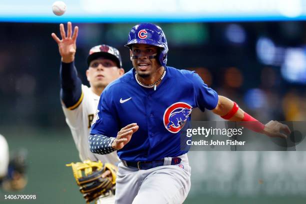 Christopher Morel of the Chicago Cubs is picked off first base in the first inning against the Milwaukee Brewers at American Family Field on July 04,...