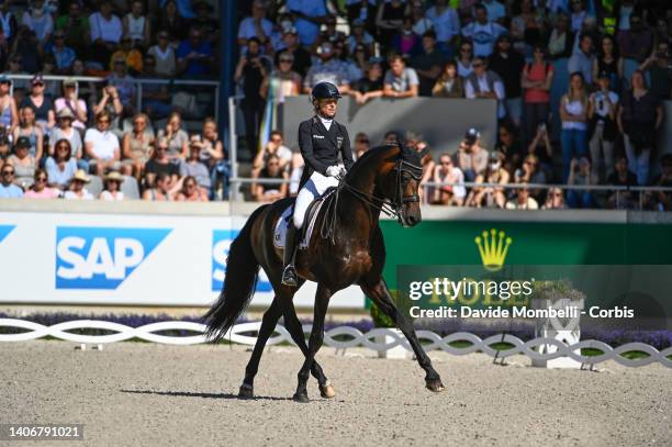 Ingrid Klimke from Germany, rides Franziskus 15 during Dressage Rolex Grand Prix, World Equestrian Festival Rolex CHIO Aachen on July 3, 2022 in...