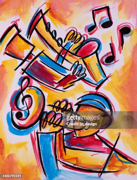 stockillustraties, clipart, cartoons en iconen met colorful abstract painting of saxophone and trumpet jazz musicians - jazz music