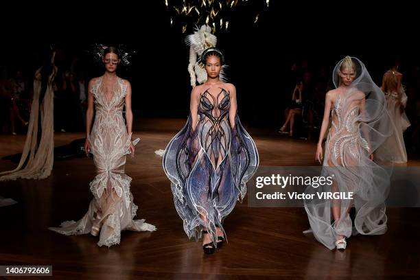 Model walks the runway during the Iris Van Herpen Haute Couture Fall/Winter 2022-2023 fashion show as part of the Paris Haute Couture Week on July 4,...