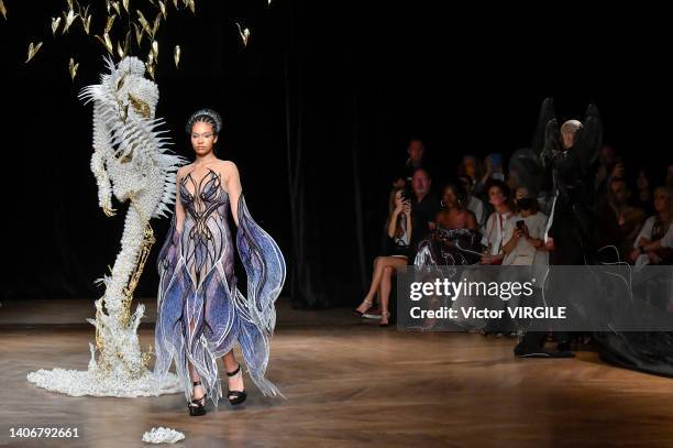 Model walks the runway during the Iris Van Herpen Haute Couture Fall/Winter 2022-2023 fashion show as part of the Paris Haute Couture Week on July 4,...