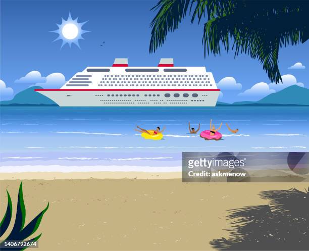 großer schöner ozeandampfer vor anker und strandlandschaft - kreuzfahrt stock-grafiken, -clipart, -cartoons und -symbole