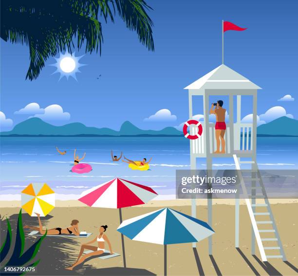 beach landscape with people swimming and sunbathing - beach hut stock illustrations