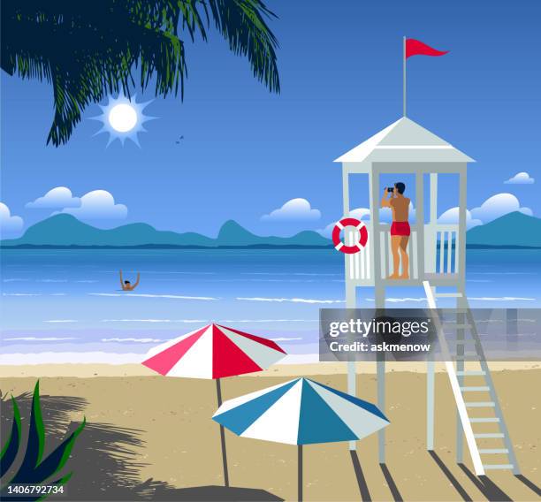 ilustrações de stock, clip art, desenhos animados e ícones de lifeguard at the beach - torre de observação