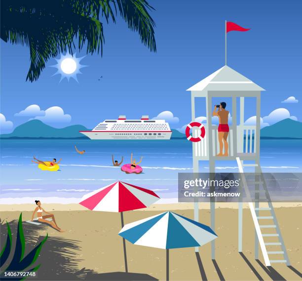 stockillustraties, clipart, cartoons en iconen met beach landscape with luxury ocean liner - red guards