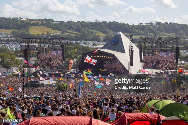 Crowds of people gather in front of the main Pyramid Stage to watch Diana Ross perform at the 2022 Glastonbury Festival during day two of Glastonbury...
