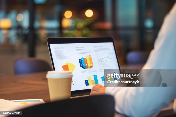 close up of businessman using a laptop with graphs and charts on a laptop computer. - dashboard stockfoto's en -beelden