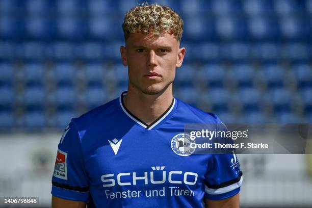 Robin Hack of DSC Arminia Bielefeld poses during the team presentation at Schueco Arena on July 04, 2022 in Bielefeld, Germany.