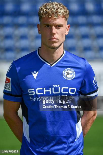 Robin Hack of DSC Arminia Bielefeld poses during the team presentation at Schueco Arena on July 04, 2022 in Bielefeld, Germany.