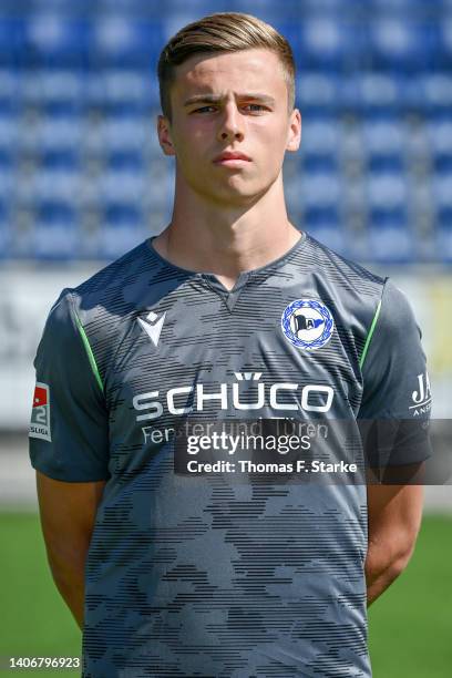 Nils Hahne of DSC Arminia Bielefeld poses during the team presentation at Schueco Arena on July 04, 2022 in Bielefeld, Germany.