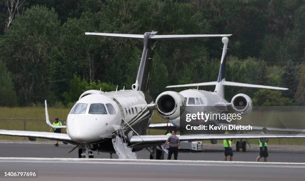 Private jet is seen on the tarmac at Friedman Memorial Airport ahead of the Allen & Company Sun Valley Conference on July 4, 2022 in Sun Valley,...