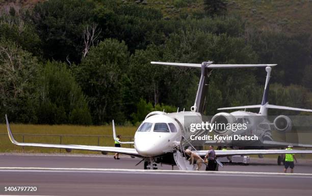 Private jets are seen on the tarmac at Friedman Memorial Airport ahead of the Allen & Company Sun Valley Conference on July 4, 2022 in Sun Valley,...