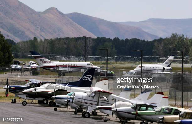 Private jets are seen on the tarmac at Friedman Memorial Airport ahead of the Allen & Company Sun Valley Conference on July 4, 2022 in Sun Valley,...