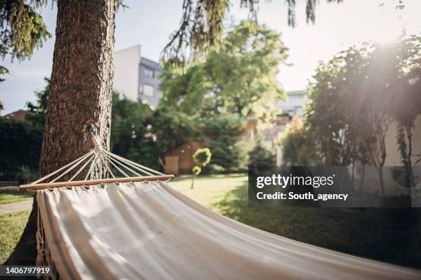 hammock in back yard - hammock no people stock pictures, royalty-free photos & images