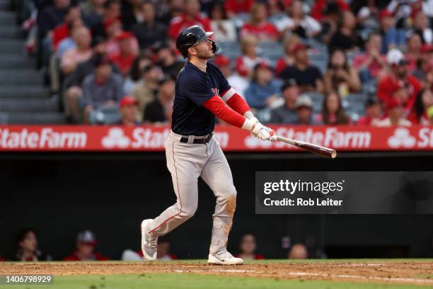 Trevor Story of the Boston Red Sox bats during the game against the Los Angeles Angels at Angel Stadium of Anaheim on June 8, 2022 in Anaheim,...